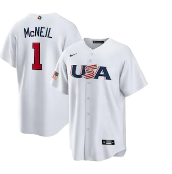 Men's USA Baseball #1 Jeff McNeil 2023 White World Baseball Classic Replica Stitched Jersey